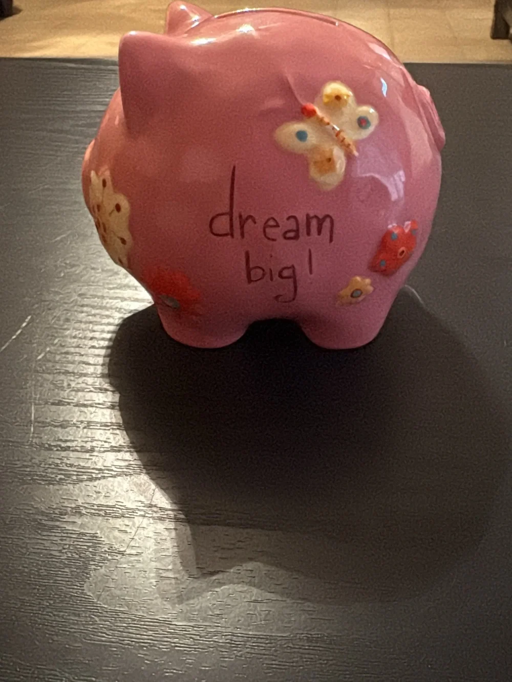 Pink Ceramic Piggy Bank “Dream Big” Butterfly Floral Hand Painted Coin Bank